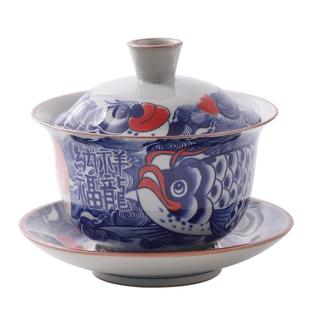 仿古青花三才盖碗泡茶碗带盖办公室家用功夫茶单个高档陶瓷茶杯