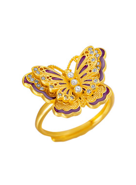 偏财珐琅彩沙金戒指古风珍珠蝴蝶