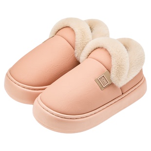 防水棉鞋女款冬季2025新款防滑家居抗菌加绒外穿pu保暖包跟棉拖鞋