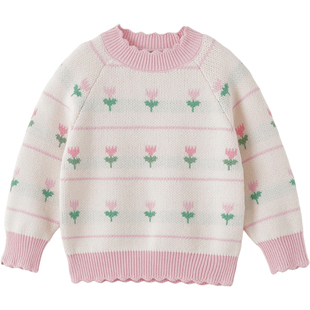 马克珍妮女童郁金香提花毛衣宝宝纯棉针织衫2025年冬装新款551892