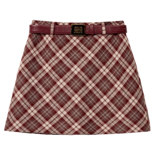 AZZHEN【苏格兰之约】红色格纹毛呢半身裙女新款修身A字裙含腰带