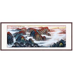 纯手绘泰山日出图国画山水画办公室挂画新中式客厅沙发背景装饰画