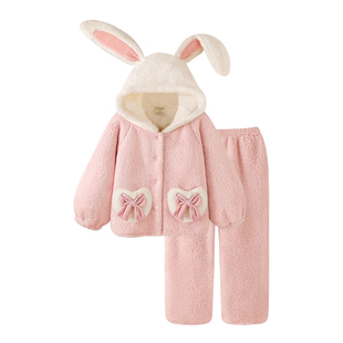 珊瑚绒睡衣女童加厚连帽小兔套装新款可爱秋冬款保暖家居服可外穿