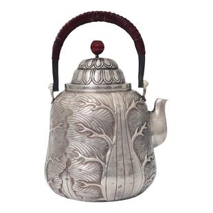 恋物志银器 纯银999银壶烧水壶复古纯手工一张打錾刻煮茶壶 升财