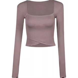 新款性感方领跑步长袖T恤女紧身短款瑜伽服训练速干健身运动上衣