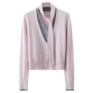 夕蒙2026新款春季韩系气质上衣小个子绝美漂亮假两件飘带针织衫女