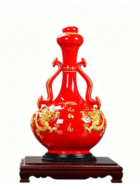 中国红陶瓷漆线雕喜庆礼品摆件