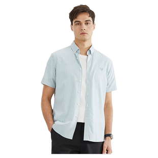 【抗皱不紧绷】波顿2025年春夏新款男士短袖绿白色条纹衬衫高端