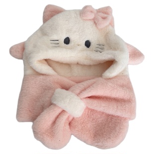 女宝宝帽子围巾一体帽冬季可爱猫咪儿童毛绒护耳帽保暖女童套头帽