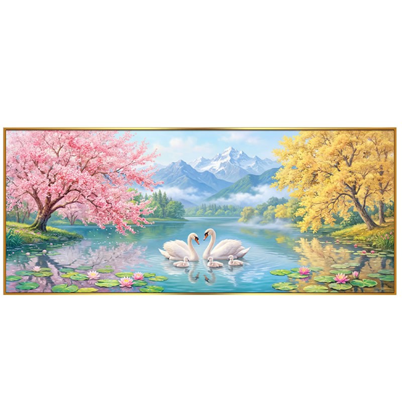 2026年新款钻石画唯美天鹅湖樱花树满粘贴点砖十字绣客厅结婚送人