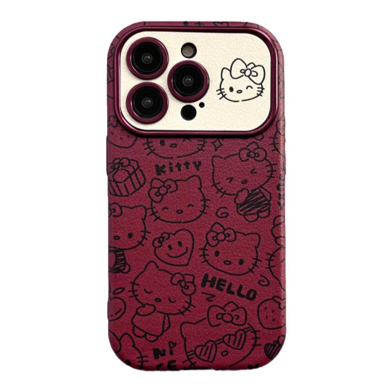 2025新年红色线条KT猫适用iphone14/15pro苹果16手机壳11皮纹12小众13promax大视窗全包防摔保护套撞色高级感