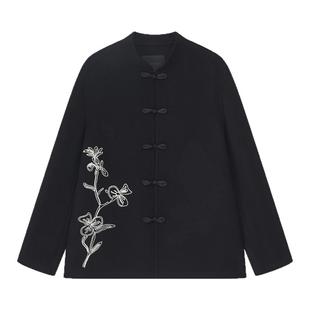 秋冬新款男士立领双面羊毛骆驼绒大衣外套绣花手工中式呢子唐装男