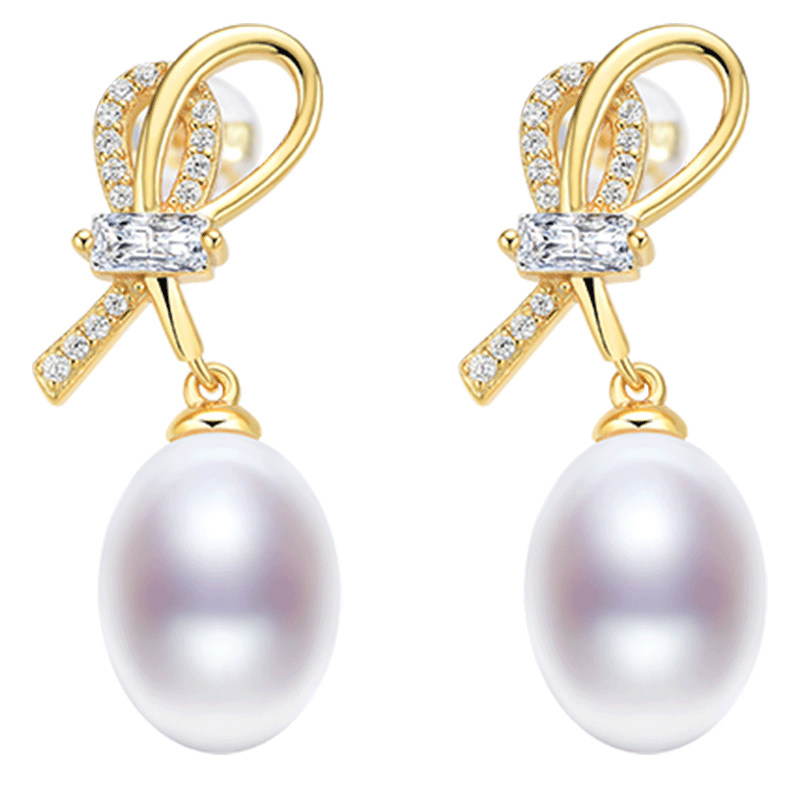 京润珍珠耳饰怀柔S925银淡水珍珠耳钉8-9mm水滴形珠宝送女友礼物D