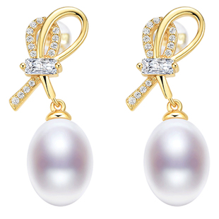 京润珍珠耳饰怀柔S925银淡水珍珠耳钉8-9mm水滴形珠宝送女友礼物D