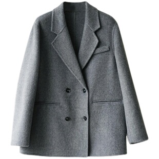 复古灰色西装领宽松短款羊毛双面呢大衣女秋冬毛呢外套小个子通勤