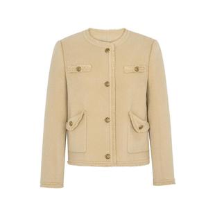 XG雪歌浅黄色毛边拼接短外套时尚冬季新款长袖纯绵羊毛短大衣女装