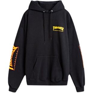 超帅现货 Thrasher 新款美版胸口印花双Logo手臂火焰帽衫情侣卫衣