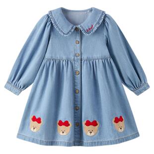PawinPaw卡通小熊童装25年秋冬新款女宝宝长袖翻领牛仔连衣裙