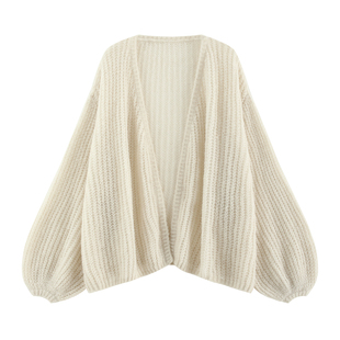 【玉苓】高端亲柔羊驼羊毛混纱慵懒v领廓形灯笼袖毛织开衫外套-W8