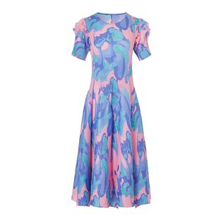 高端洋气印花长裙子女夏季2026新款短袖连衣裙三宅褶皱宽松弹簧裙