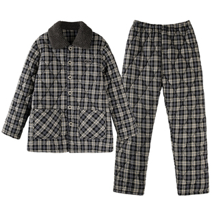 睡衣男款冬季加厚100%纯棉三层夹棉袄全棉中老年人爸爸家居服套装