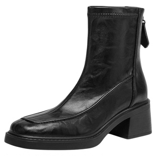 星期六短靴女秋冬新款靴子方头粗跟瘦瘦靴真皮黑色马丁靴皮靴