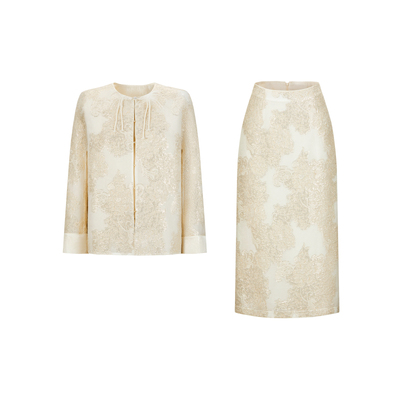 CHICHY香槟色新中式上衣半裙套装