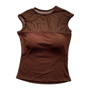 纯欲带胸垫短袖t恤女夏季2025新款拼接修身直播性感网纱微透上衣