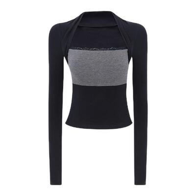 Mess Studio 辣妹设计感修身短款撞色条纹抹胸罩衫坎肩上衣女春秋