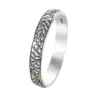 九乐足银999银手镯女纯银錾刻牡丹花开口镯子镶24k金手镯送女友礼