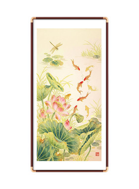 荷花九鱼聚财图浮雕鎏金画玄关装饰国画入户正对门新中式过道挂画