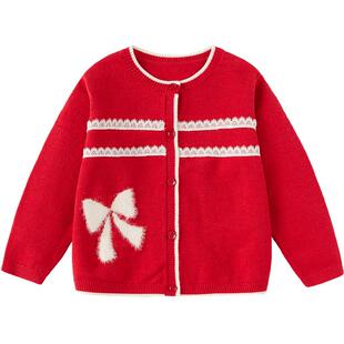 巴拉巴拉童装女童毛衫小香风针织衫2026新款春秋季开衫红色拜年服