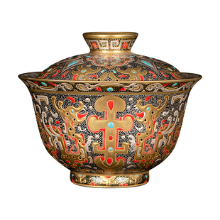 钟家窑高档单个盖碗景德镇手绘珐琅彩错金银夔龙功夫茶泡茶碗茶器