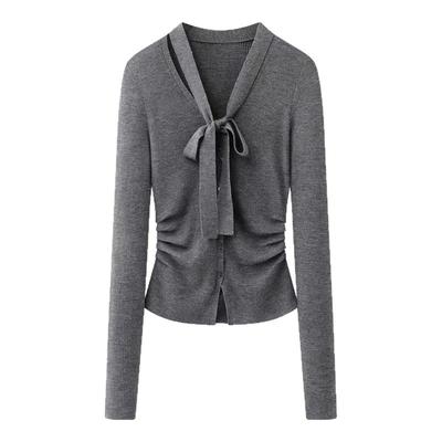 收腰V领飘带针织衫毛衣上衣女