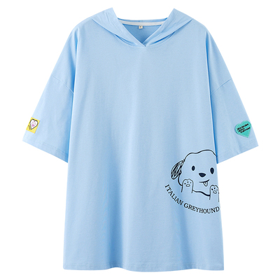 短袖休闲宽松连帽印花纯棉T恤