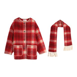 西町村屋格纹外套女装秋冬新款新中式红色格子毛呢大衣XAAD10188