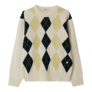 【现货】韩国小众 howus撞色菱格英伦学院风减龄宽松圆领针织毛衣