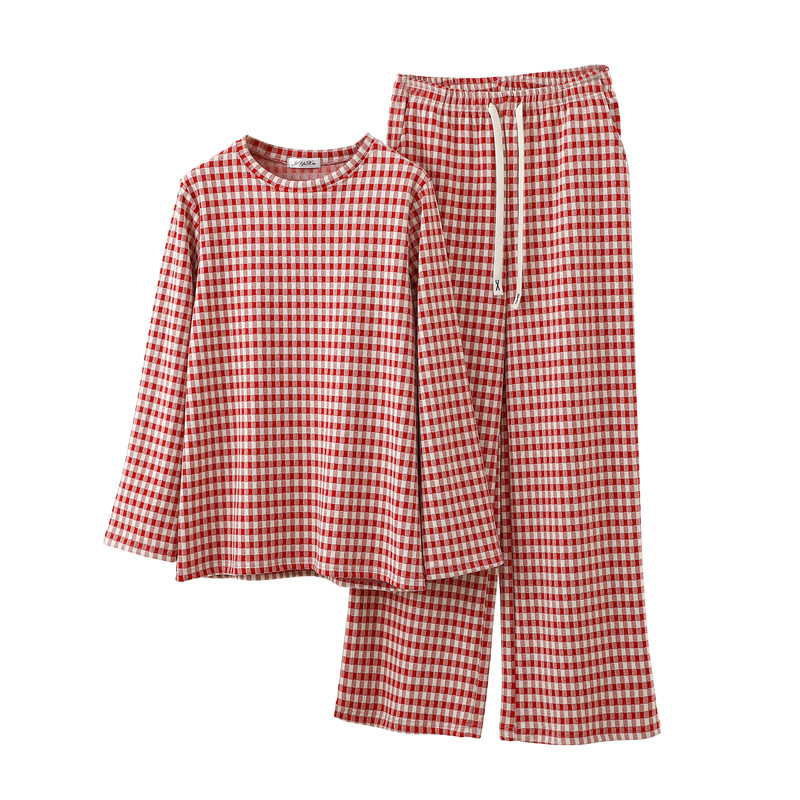 带口袋德绒格子家居服女秋冬保暖