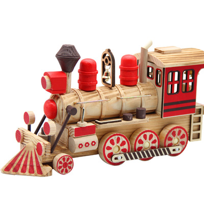 新款木质和谐号复古蒸汽彩色火车头木制三节火车模型家居桌面摆件