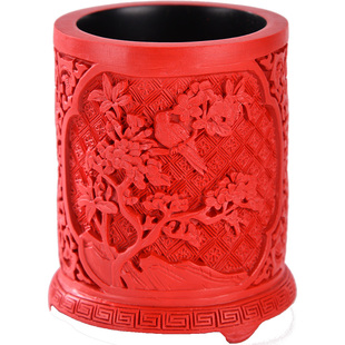 扬州漆器厂剔红雕漆朱砂工艺笔筒特色伴手礼物商务纪念品摆件元旦