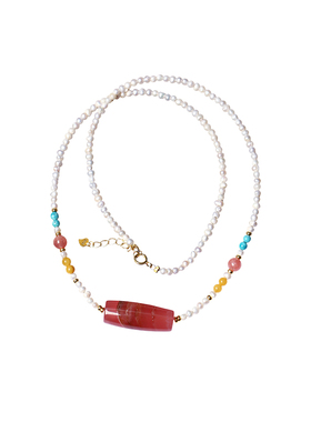 精品 天然冰种红纹石路路通锁骨链项链 女 搭配淡水珍珠多宝吊坠