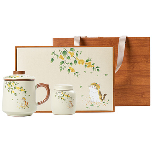 猫咪汝窑茶水分离杯家用办公室个人专用女士带盖过滤陶瓷泡茶杯子