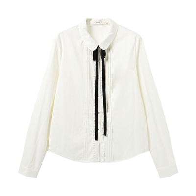 西町村屋甜美衬衫女装2025冬新款木耳边蝴蝶结系带衬衣XAAD10217