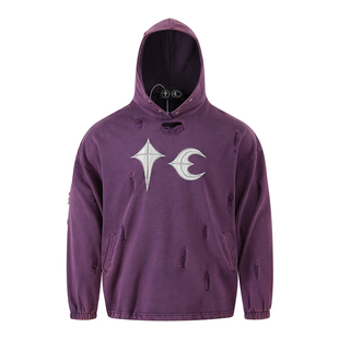 Thug Club朴宰范同款复古脏洗破洞做旧帽衫高街vibe男女连帽卫衣