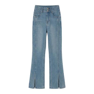 柒量一裁小个子开叉微喇女牛仔裤