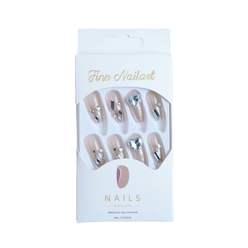 温柔裸色银闪粉爱心水钻穿戴甲纯欲风辣妹美甲贴成品梯型假指甲片