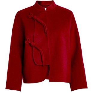 QS秸熙冬新款复古轻国风绵羊毛新中式红色双面呢女大衣结婚敬酒服