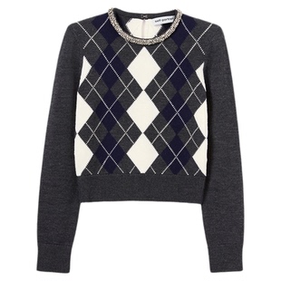 self-portrait 2026早春新款灰混色钻饰菱格纹绵羊毛针织毛衫上衣