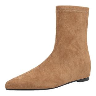 达芙妮短靴女冬季平底靴子2026新款加绒内增高弹力袜靴尖头瘦瘦靴