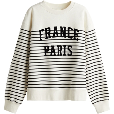 HM女装卫衣秋季休闲宽松条纹长袖舒适圆领卫衣1091010